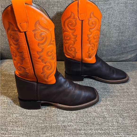 Old West BoysSix Row Stitch Western Orange and Rich Brown Cowboy Boots Size 6.0D - Picture 8 of 9